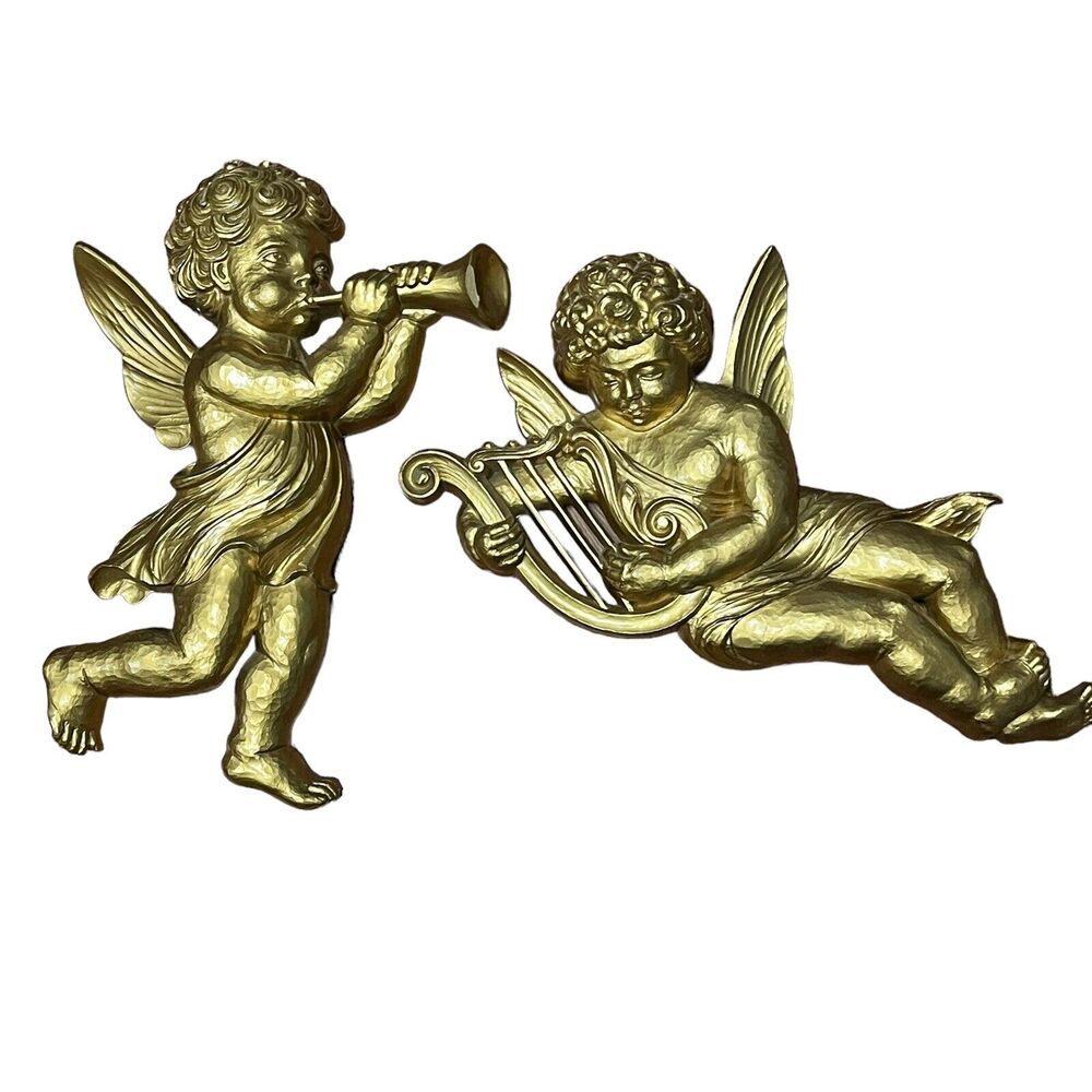 Cherub Angels Trumpet 4775A Harp 4775B Wall Hanger Vtg Syroco Set of 2 1963 Gold